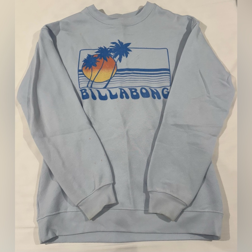 Billabong Women's Sky Blue Crewneck Sweater Pullover with Sunset Graphic